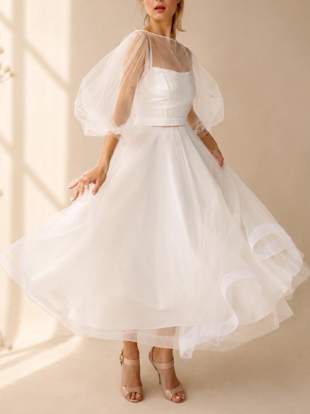 Ivory Tulle Midi Dress with Puff Sleeves